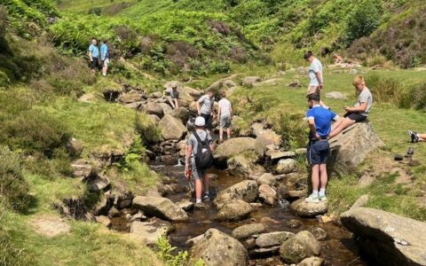 students walking on stepping stones